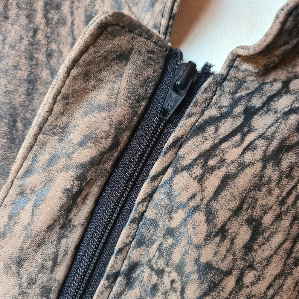 VINTAGE 80s Sujari 14 Real Leather Tan Black Patterned Jacket - Picture 5 of 13